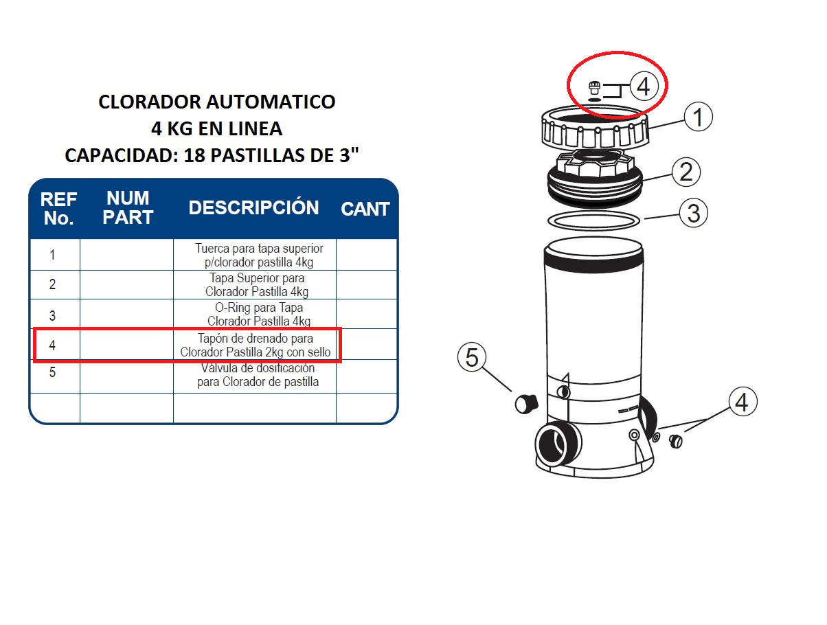 Tapón Drenado Tuerca Clorador Automático 2 y 4 kg Inter Water