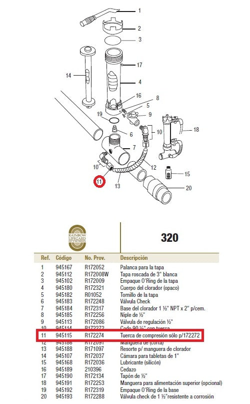 Tuerca Compresión R172274Z Clorador Rainbow 320