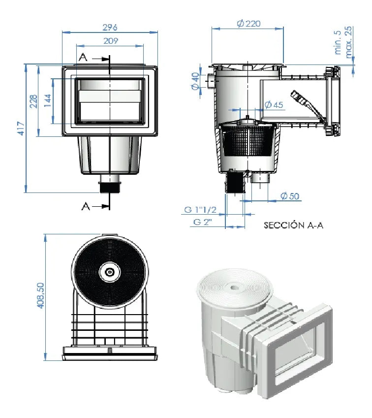 Kit Accesorios Empotrables Desnatador Alberca Fibra Vidrio