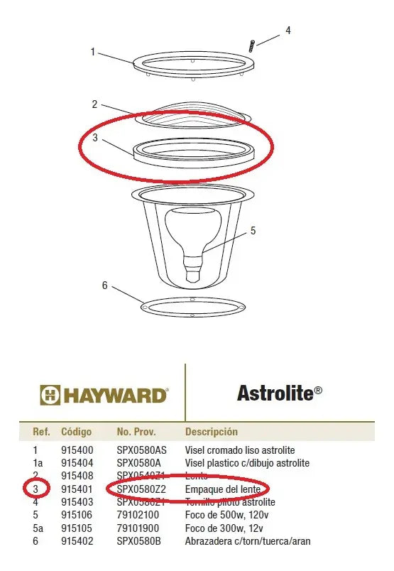 Empaque Lente Reflector Hayward Astrolite Spx0580z2